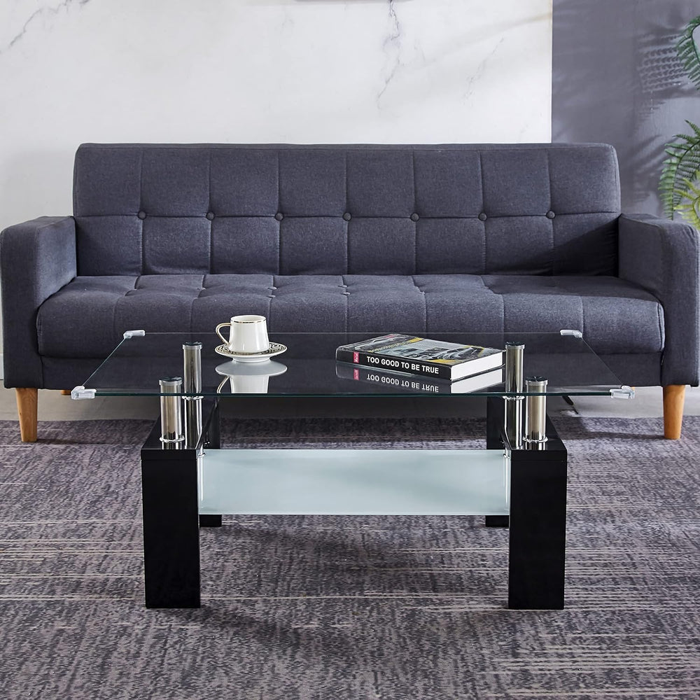 3 Piece Black Living Room Table Set, Rectangular Modern Glass Coffee Table an...