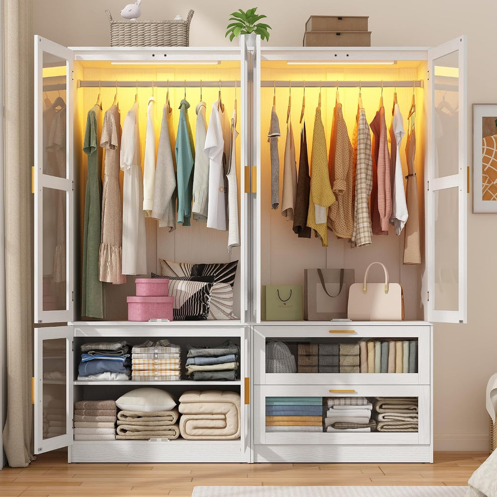 4 Doors Armoire Wardrobe Closet with LED and Mirror,71" H Freestanding W...
