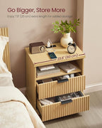 VASAGLE MAXE Collection - Set of 2 Nightstands with Charging Station, Bedside Table, Side End Table with 2 Drawers, Open Shelf, 2 AC Outlets, 2 USB Ports, Transitional, Bedroom, Oak Beige ULET926Y01