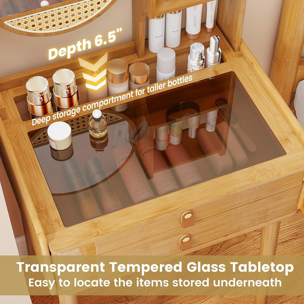 CHARMAID Small Bamboo Vanity Desk with Mirror and Stool, Glass Top Makeup Van...