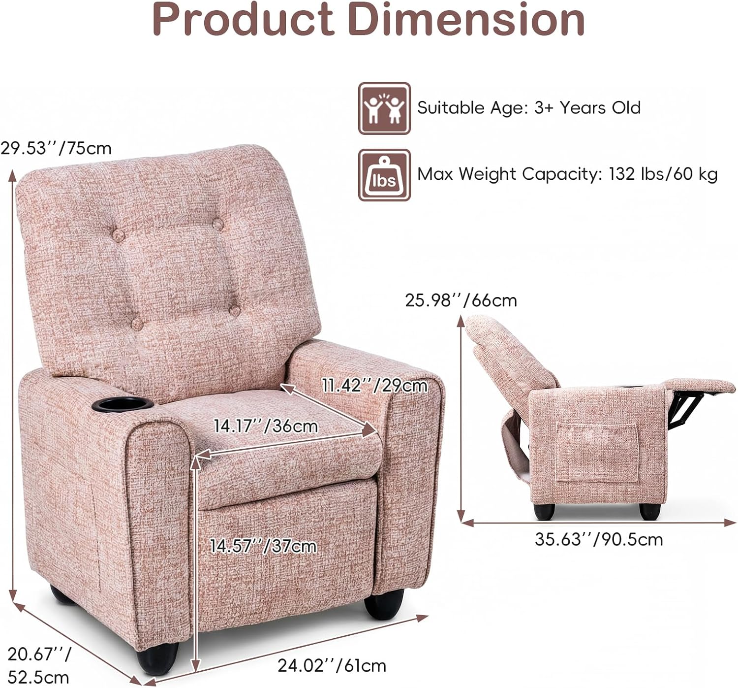 INFANS Kids Recliner, Toddler Lounge Chair with Adjustable Backrest Footrest Cup Holder Side Pockets, Velvet Leather Toddler Couch