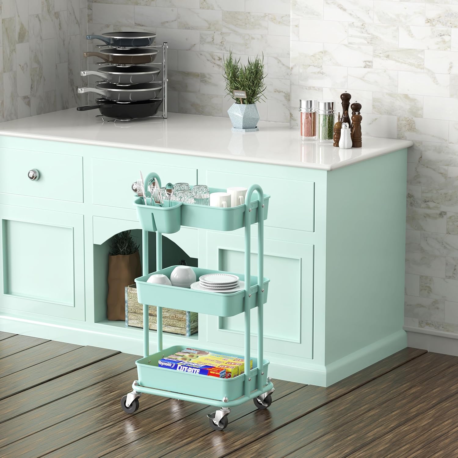 Simple Houseware 3-Tier Multifunctional Rolling Utility Cart with Hanging Bucket, Turquoise