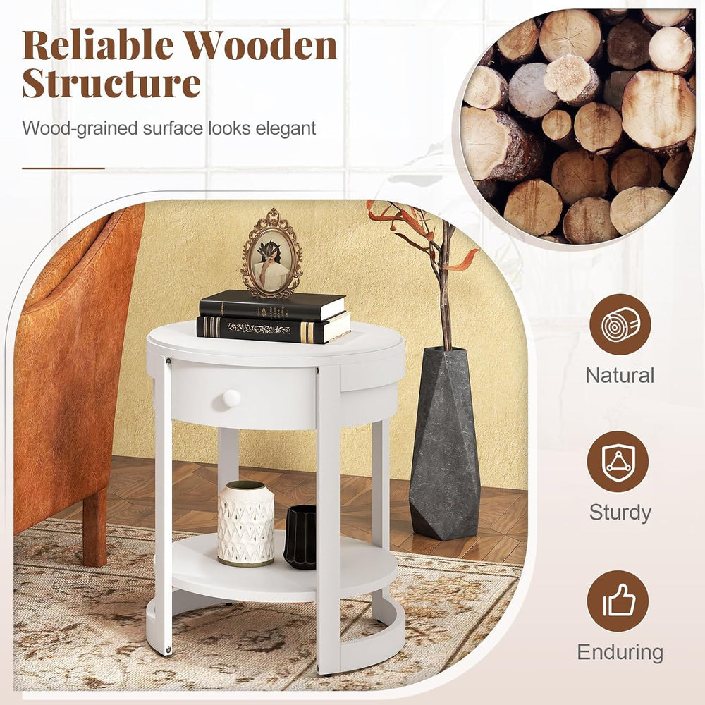 GOFLAME Round Side Table with Drawer, Retro 2-Tier Nightstand with Shelf &amp...