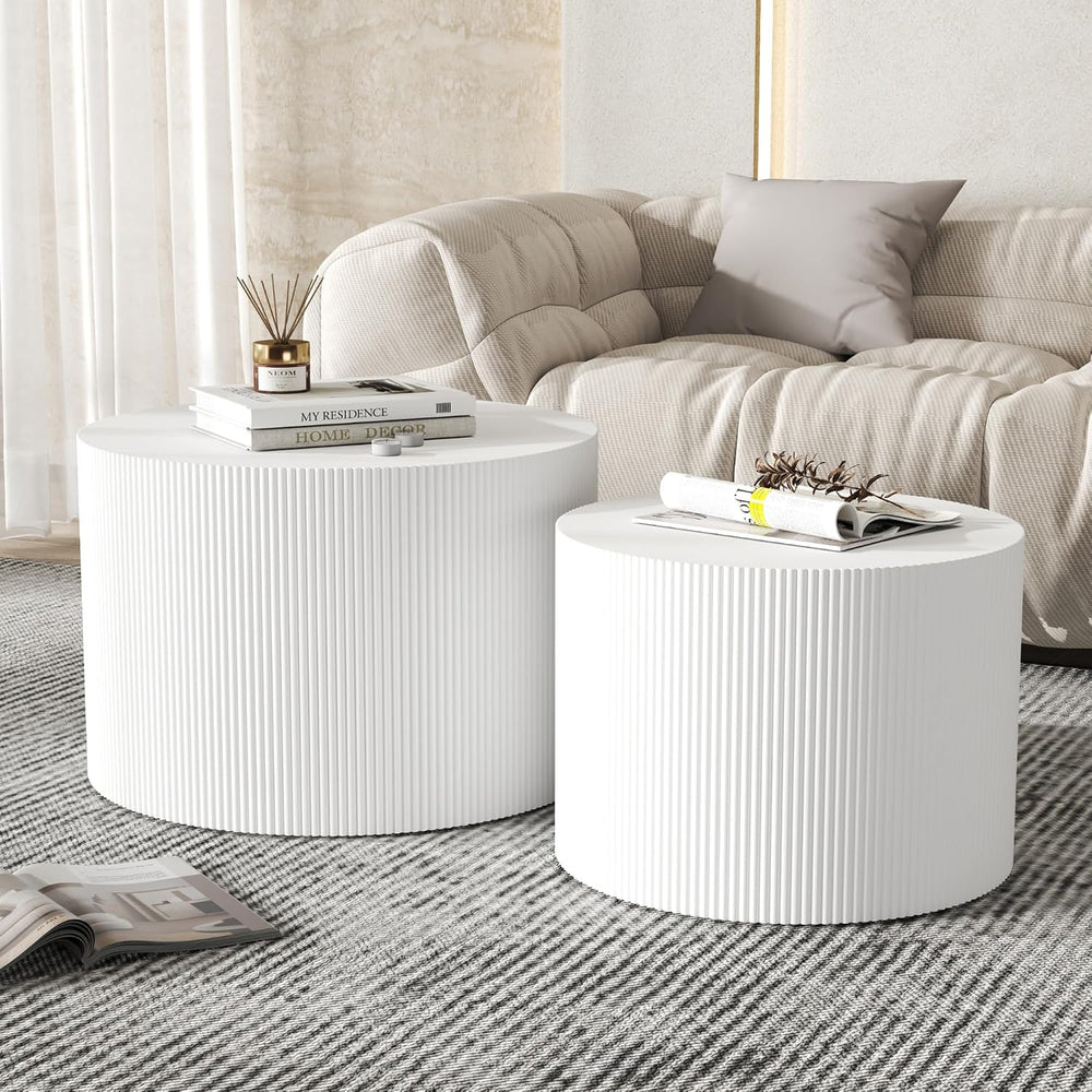 Nesting Coffee Table Set of 2, Round Wood Accent Table, White | Modern Wooden...