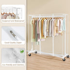 Hoctieon Z Clothes Rack with Cover, Metal Heavy Duty Clothing Rack, Rolling Garment Rack with Wheels, with Dustproof Cover Waterproof Protector, with 2 Durable Zippers, for Hanging Clothes, White