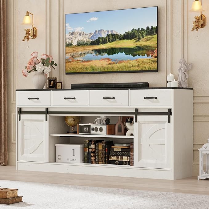 St.Mandyu 70" Large Farmhouse TV Stand for 85/80/75/70 Inch TVs w/4 Drawers,Rustic Tall Media Console w/Sliding Barn Door, Adjustable Shelves,Tall Entertainment Center for Living Room