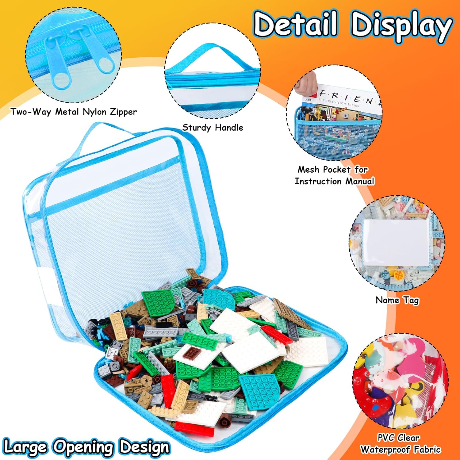 4 Pack Toy Storage Organizer Bag for Lego Bricks, Clear PVC Zippered Blocks Set with Manual Pocket& Name Tag, Waterproof Toy Carrying Case for Board Games& Building Blocks (Large, Colorful)