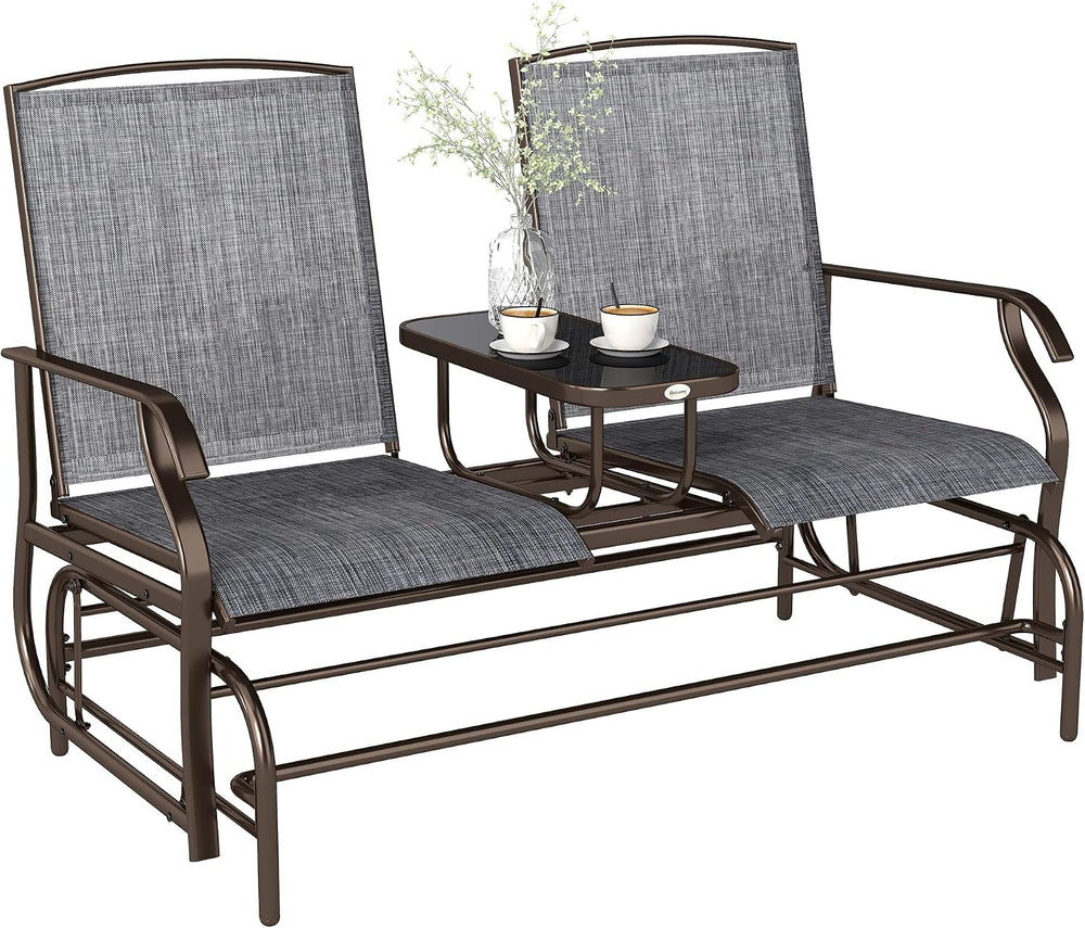 Outsunny Outdoor Glider Bench with Center Table Metal Frame Armrests Gray | P...