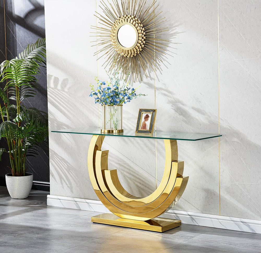1 Piece Living Room Console Table Luxury Glass Entryway Table,Elegant Gold Co...