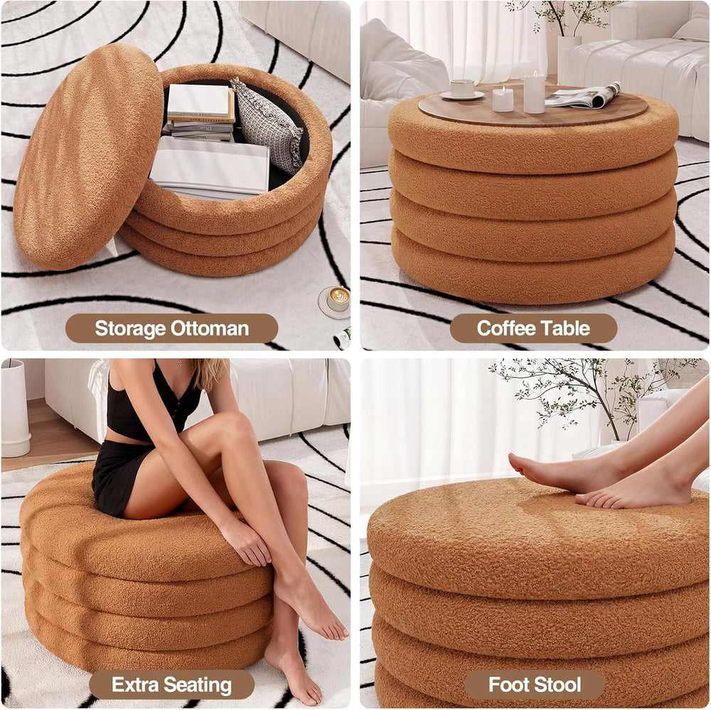 FiveWillowise 30 Inch Round Ottoman with Storage,Large Sherpa Coffee Table | ...