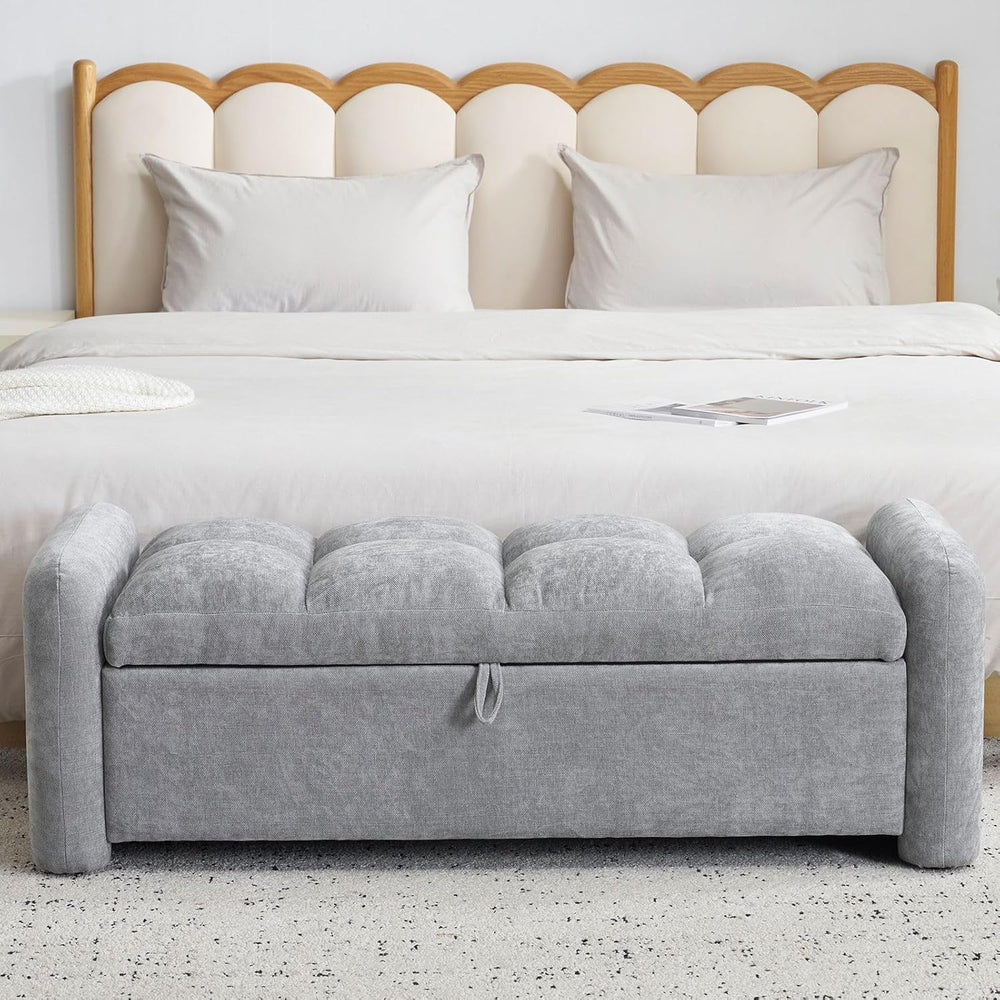 Oversized Chenille Ottoman Bench with Storage, Upholstered End of Bed Bench f...