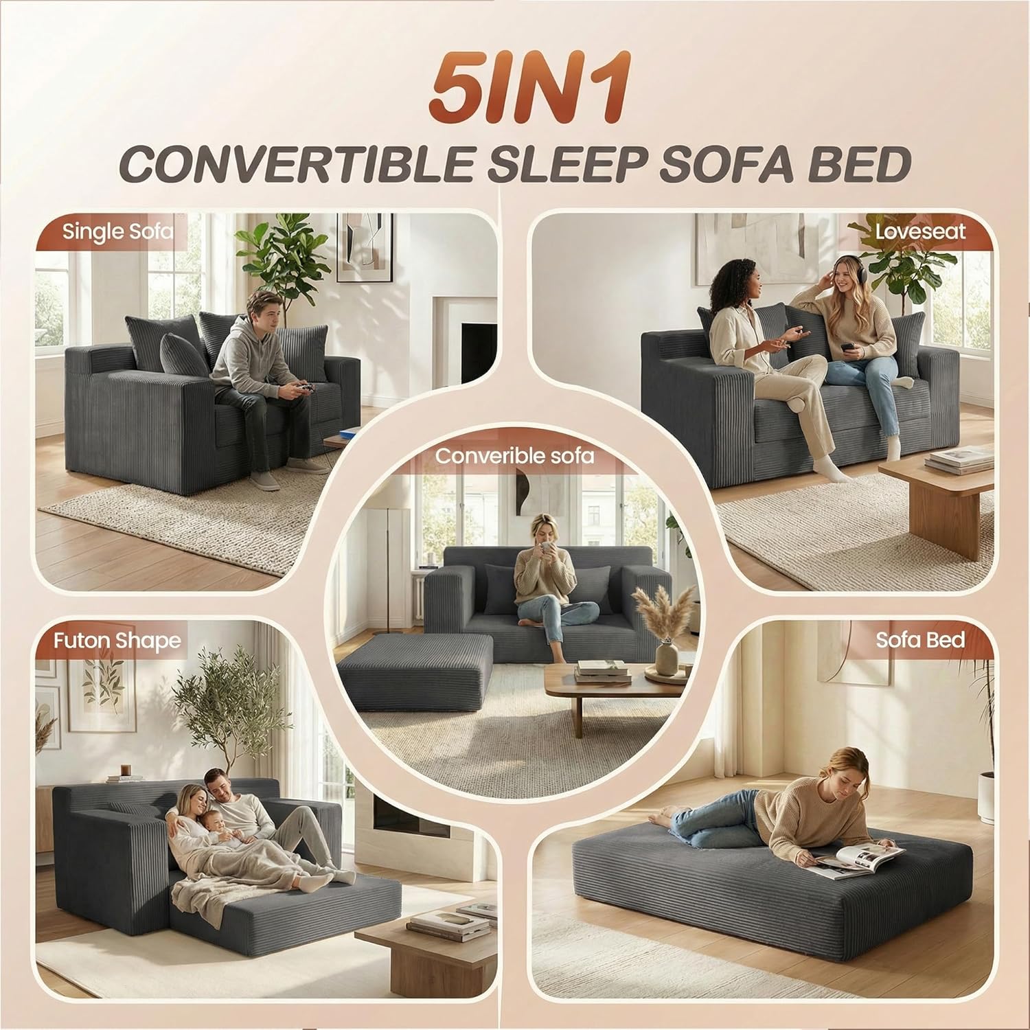Convertible Sofa Bed, 5 in 1 Small Boneless Couch Pull Out Loveseat Sleeper Sofa,Corduroy Futon Couch Folding Mattress with 4 Pillows for Living Room