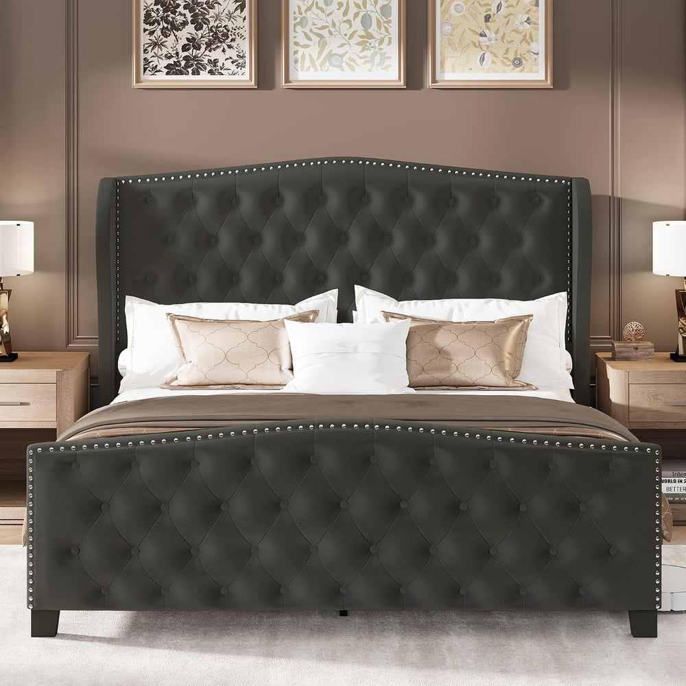 LARMACE Queen Size Bed Frame Velvet Upholstered Platform Bed with Wingback He...