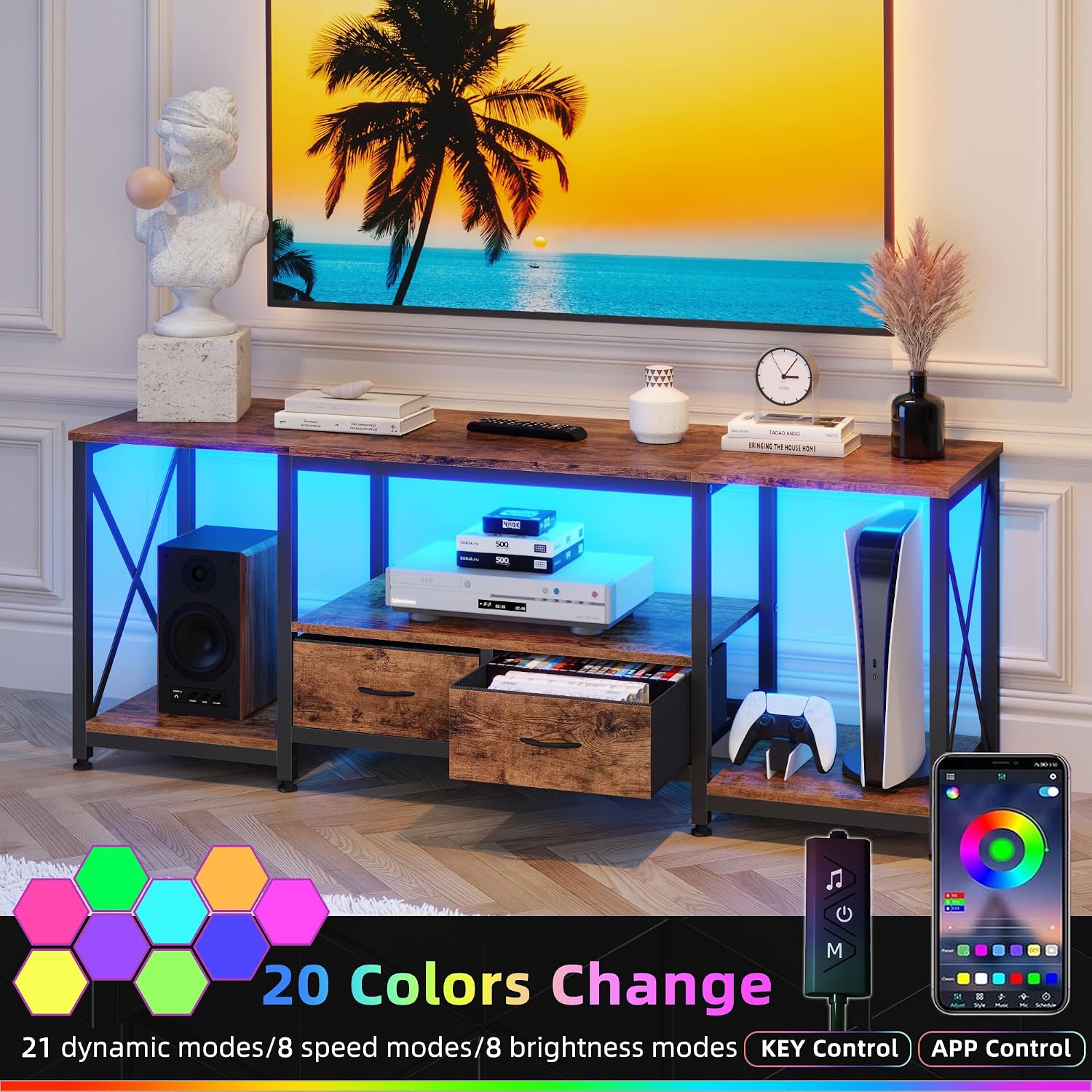 GYIIYUO TV Stand with Fabric Drawer - Entertainment Center and Industrial TV Console Table with Open Storage Shelves for Living Room, Bedroom - 55.1" Rustic Brown