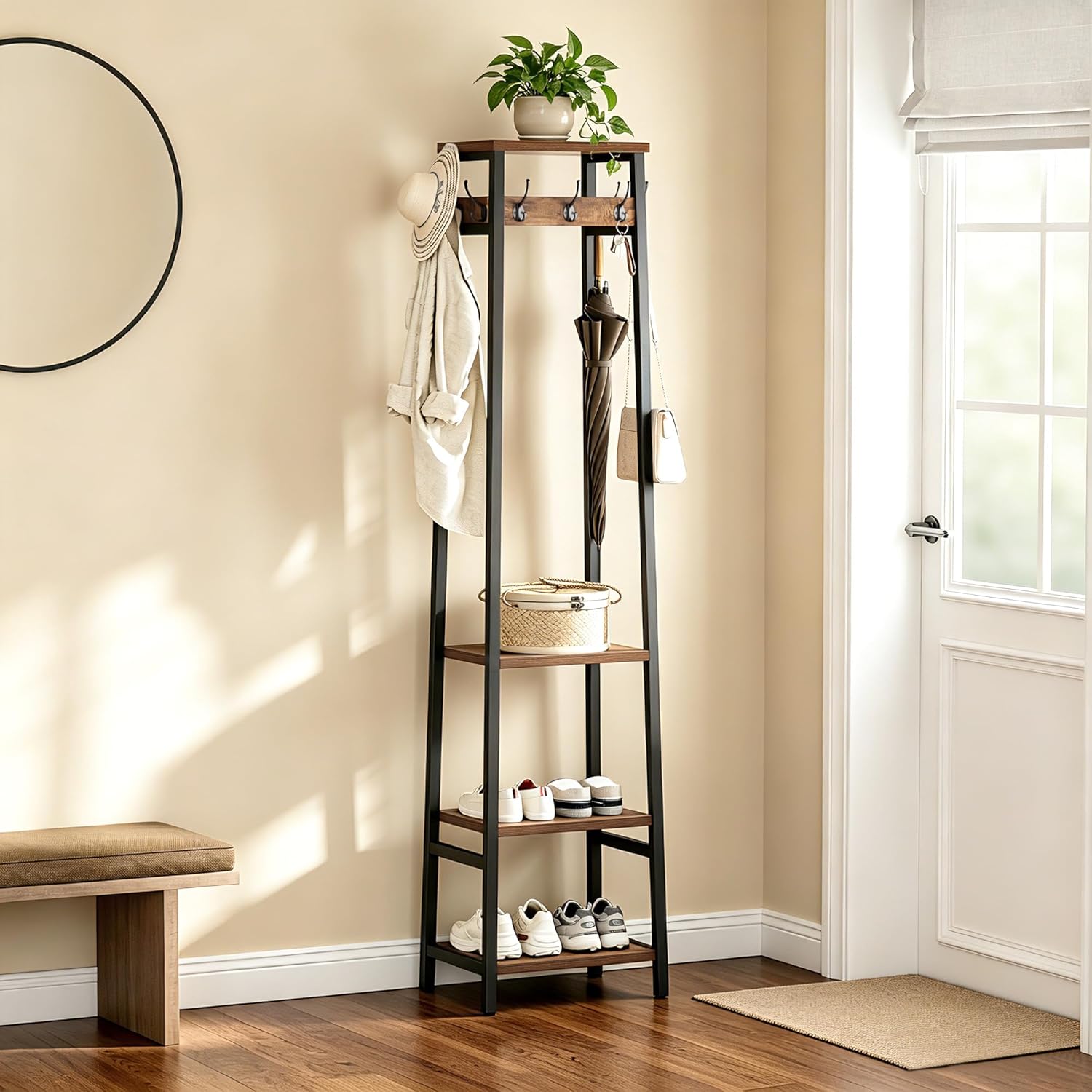 Coat Rack Freestanding, Coat Stand with 3 Shelves and 7 Hooks, Hall Tree Free Standing, Clothes Rack Stand Organizer, Industrial Style, Rustic Brown and Black