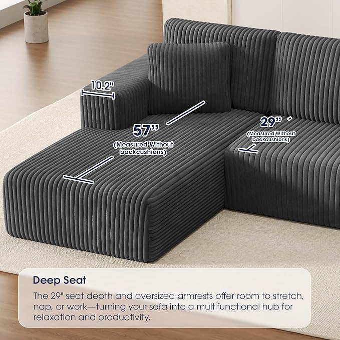 KINGYES 107'' Modular Sectional Sofa, L Shaped Cloud Couch for Living Room, Modern Plush Corduroy Boneless Sofa with Chaise for Bedroom, Gray
