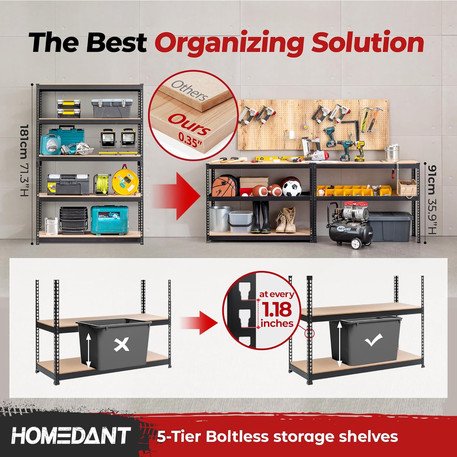 HOMEDANT 5 Tier Storage Shelves Adjustable Laminated Boltless Garage Metal Shelving Unit Heavy Duty Utility Rack Shelf Warehouse Pantry Closet Kitchen (2, (XL Deep) 48.1" W, Black)