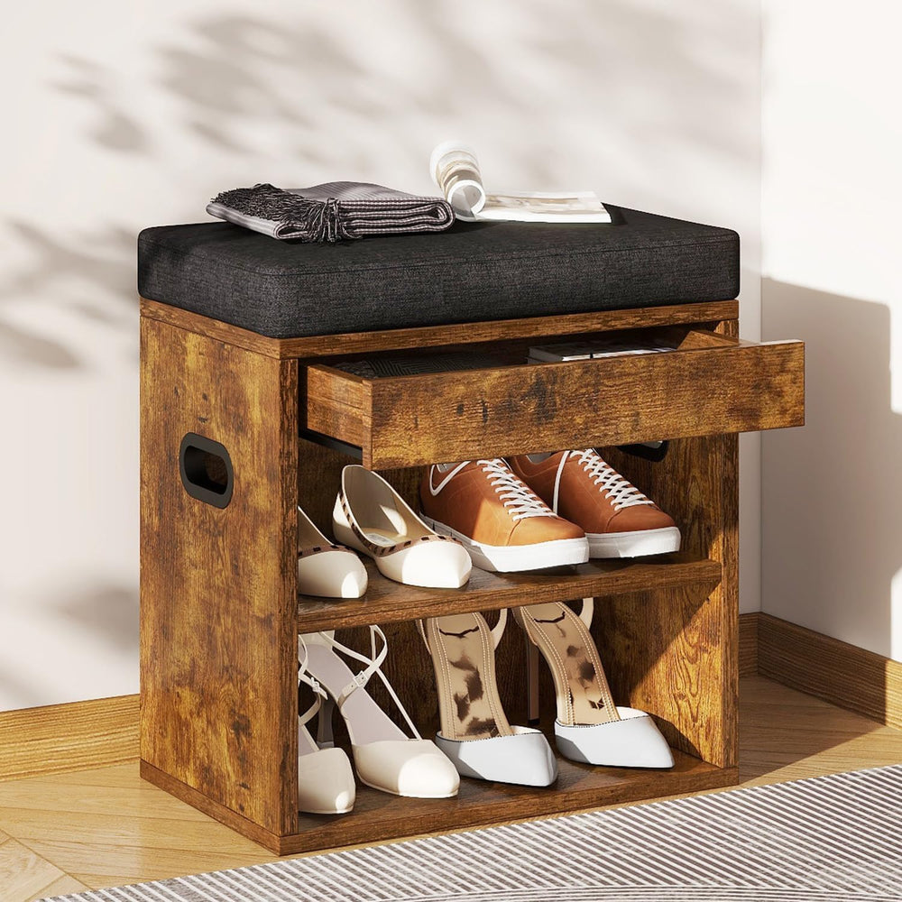 YMYNY Small Shoe Storage Bench with Cushion and Drawer, 2 Tier Adjustable Ent...