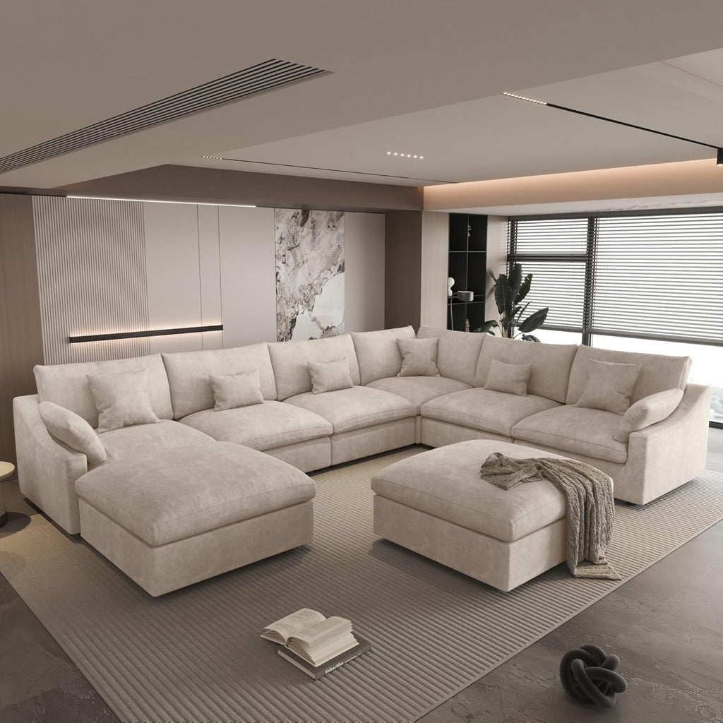 156" Cloud Modular Sectional Sofa Couch,U Shaped Couch with Ottoman,Down Filled 8 Seater Convertible Sleeper Bed Living Room Set,Covers Washable&Replaceable (Khkai)