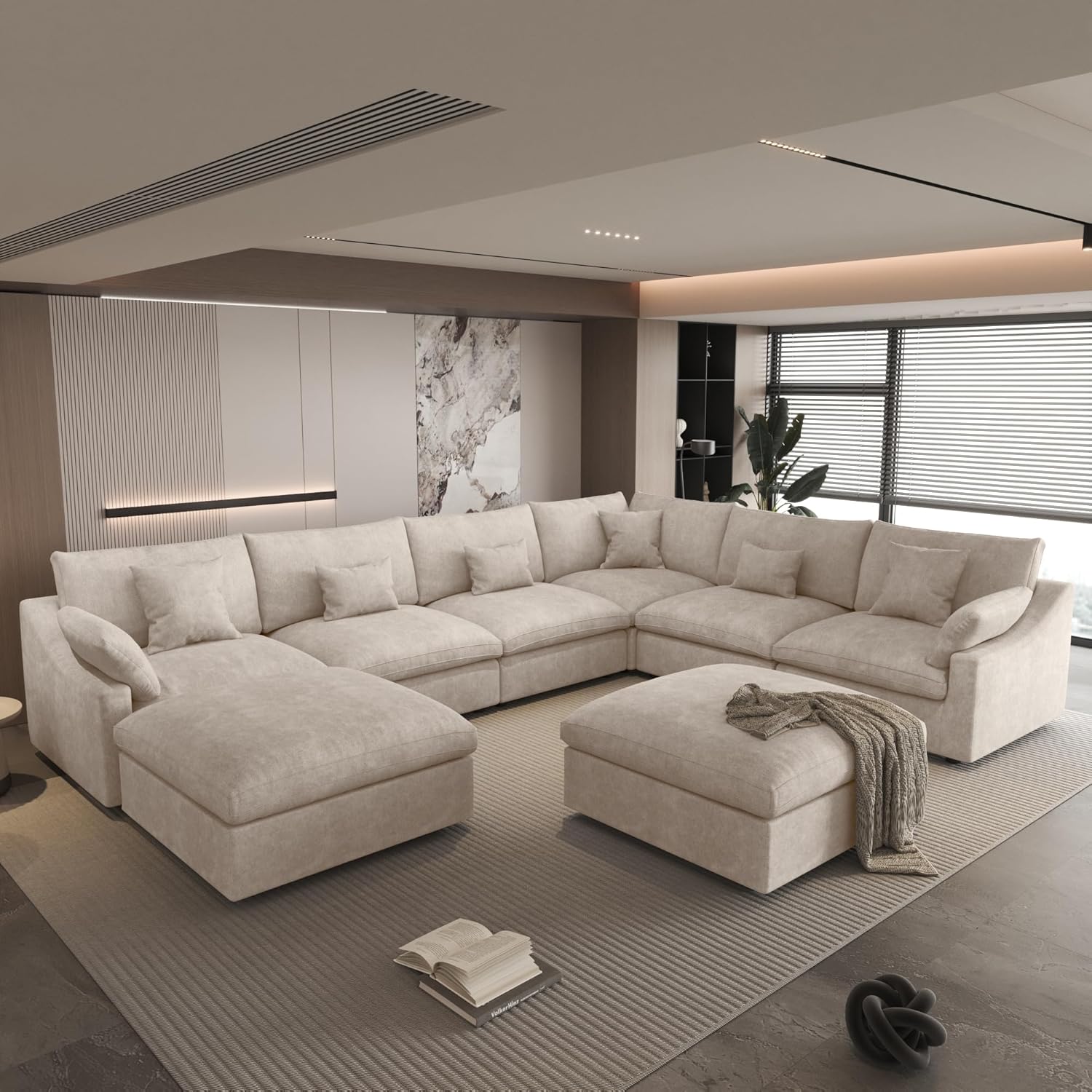 156" Cloud Modular Sectional Sofa Couch,U Shaped Couch with Ottoman,Down Filled 8 Seater Convertible Sleeper Bed Living Room Set,Covers Washable&Replaceable (Khkai)