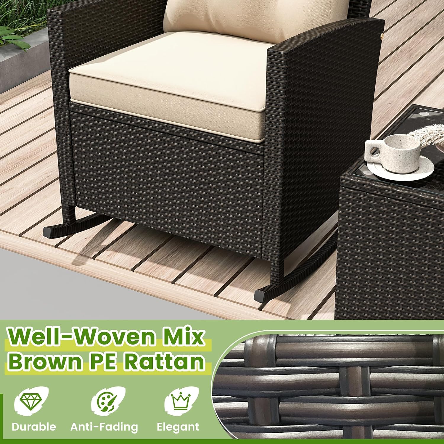 Tangkula 3 Piece Wicker Outdoor Rocking Chairs Set (Beige) | Tempered Glass Table & Thickened Soft Cushions | Easy Maintenance | Long-Lasting for Porch Garden Patio Backyard Poolside