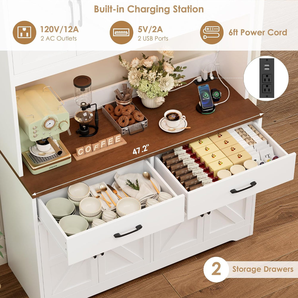HIFIT 71" LED Pantry Cabinet with Charging Station, Tall Coffee Bar Cabi...