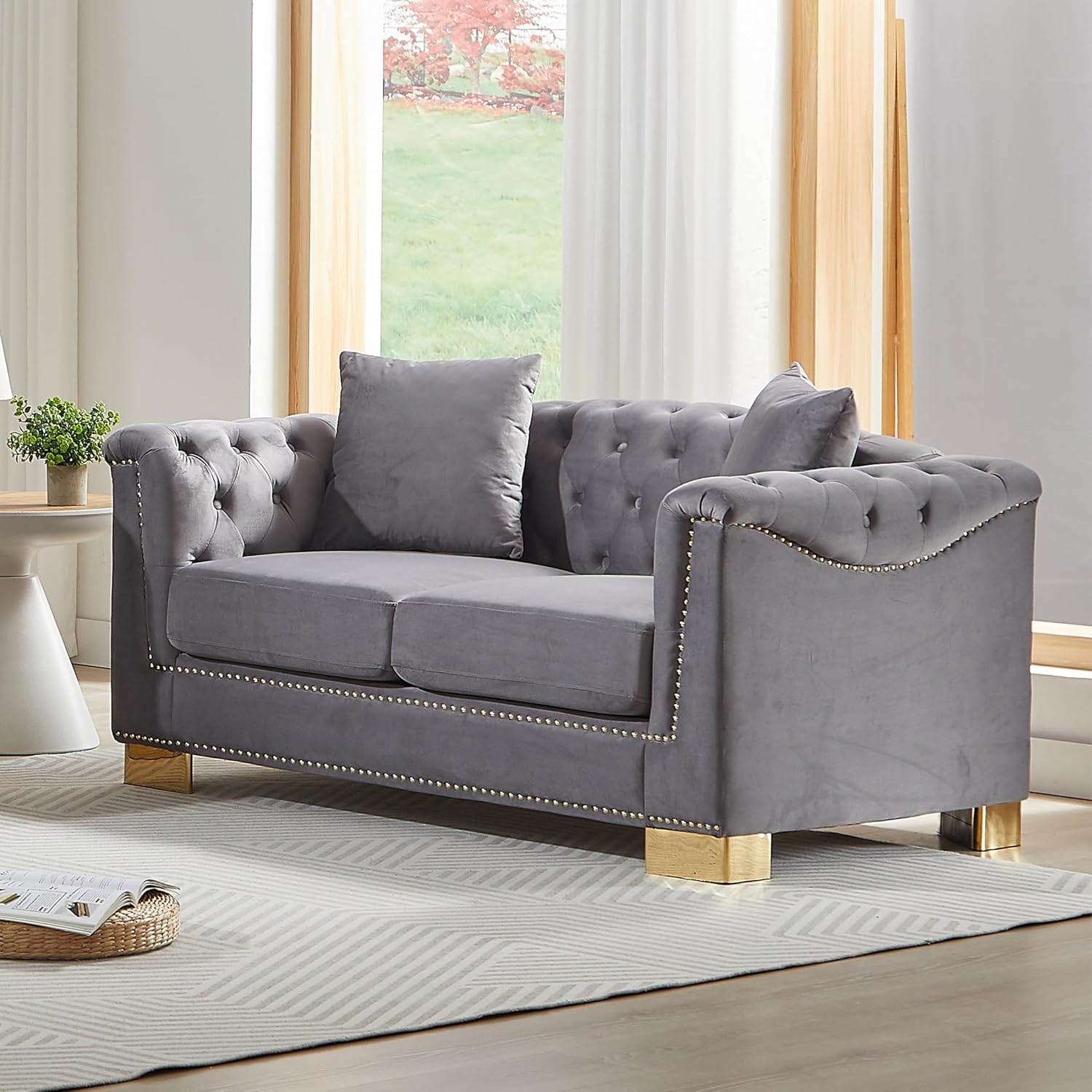 Harper & Bright Designs 62" Chesterfield Sofa Velvet Two-Seater, Modern Classic Rolled Arm Button Tufted Sofa with Nailhead Decor, Cloud Couch Loveseat for Living Room, Apartment (Grey)