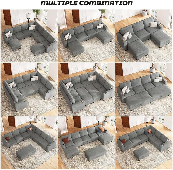 Belffin Oversized U Shaped Modular Sectional Couches for Living Room 10 Seater Modular Sofa Set with Storage Ottoman Large Sectional Couch with Cup Holder. Light Grey Sofa