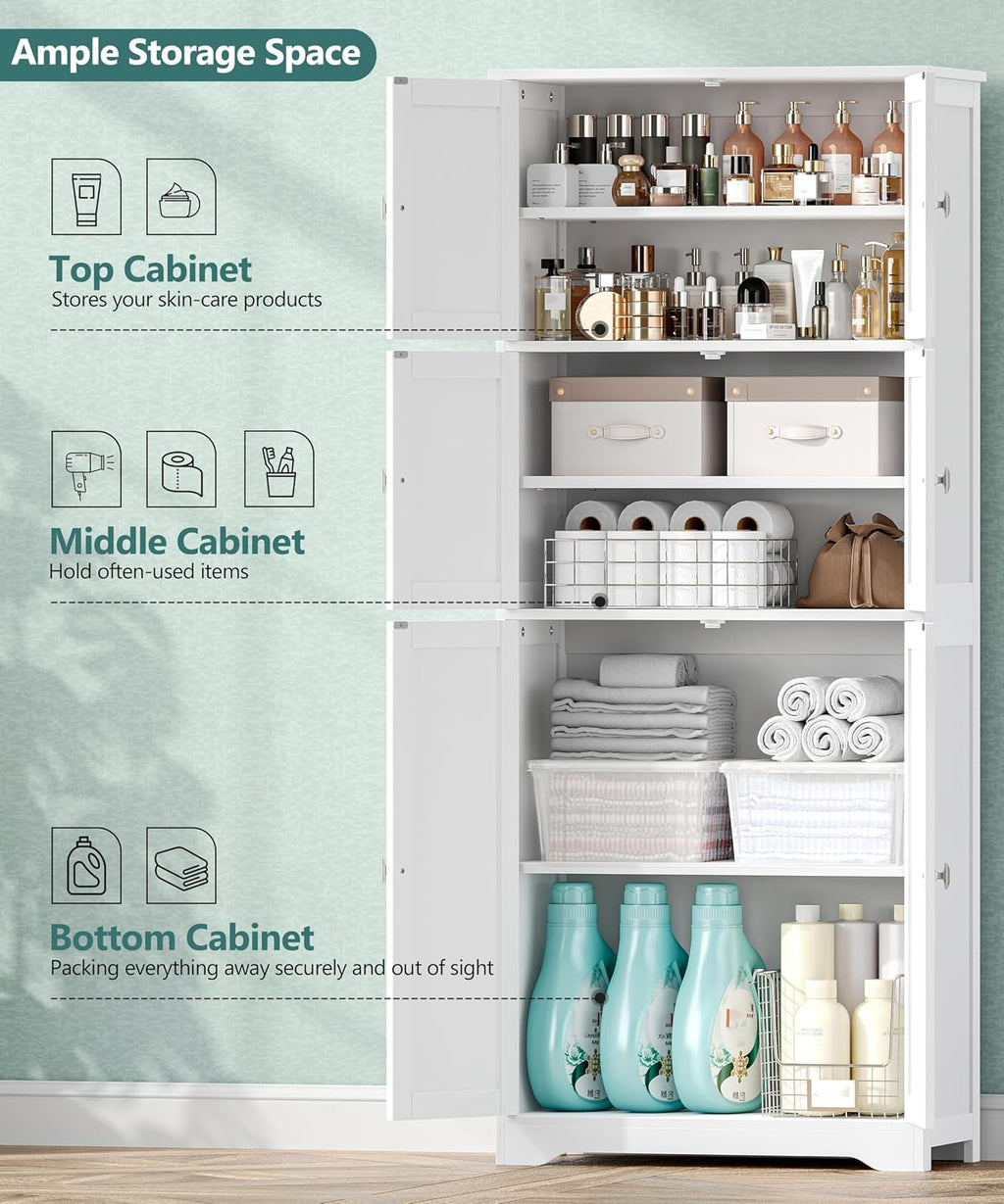 Tall Bathroom Storage Cabinet, 63" H Linen Floor Cabinet | Pantry Storage Cabinet with 6 Doors and Adjustable Shelves, for Bathroom, Living Room, Laundry Room, Kitchen, White