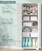 Tall Bathroom Storage Cabinet, 63" H Linen Floor Cabinet | Pantry Storage Cabinet with 6 Doors and Adjustable Shelves, for Bathroom, Living Room, Laundry Room, Kitchen, White