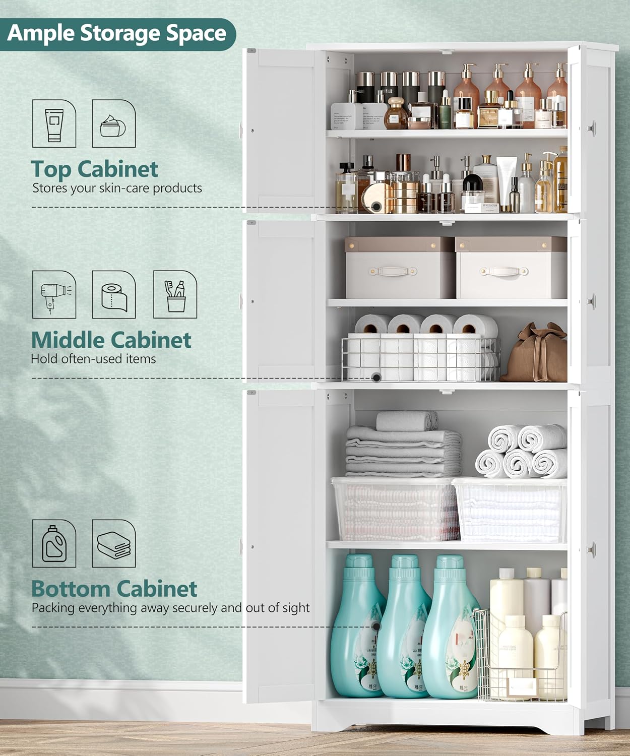 Tall Bathroom Storage Cabinet, 63" H Linen Floor Cabinet | Pantry Storage Cabinet with 6 Doors and Adjustable Shelves, for Bathroom, Living Room, Laundry Room, Kitchen, White
