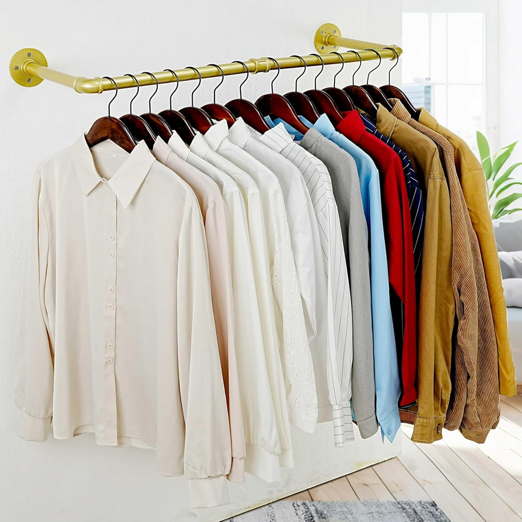 WEBI Industrial Pipe Clothing Rack,32" Wall Mounted Clothes Rack for Hanging Clothes,Heavy Duty Metal Garment Rack Bar Wall Mount Clothing Rod for Closet,Laundry Room,Gold