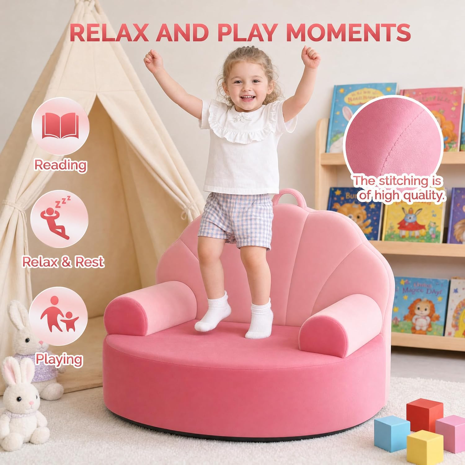 Snuggly Toddler Chair Soft Kids Sofa Cozy Kids Chairs Comfy for Toddlers 1-3, Plush Child Seat with Carry Handle