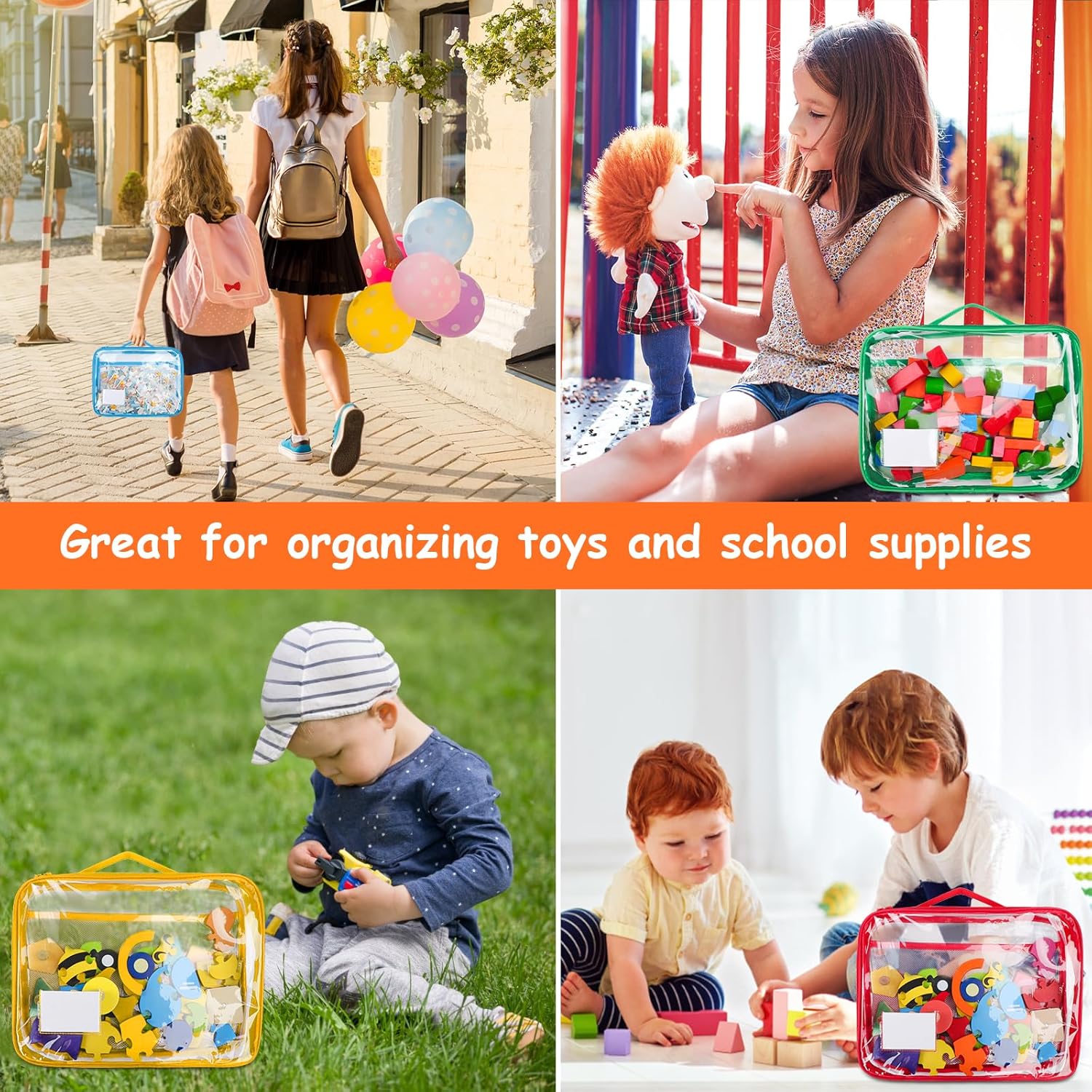 4 Pack Toy Storage Organizer Bag for Lego Bricks, Clear PVC Zippered Blocks Set with Manual Pocket& Name Tag, Waterproof Toy Carrying Case for Board Games& Building Blocks (Large, Colorful)