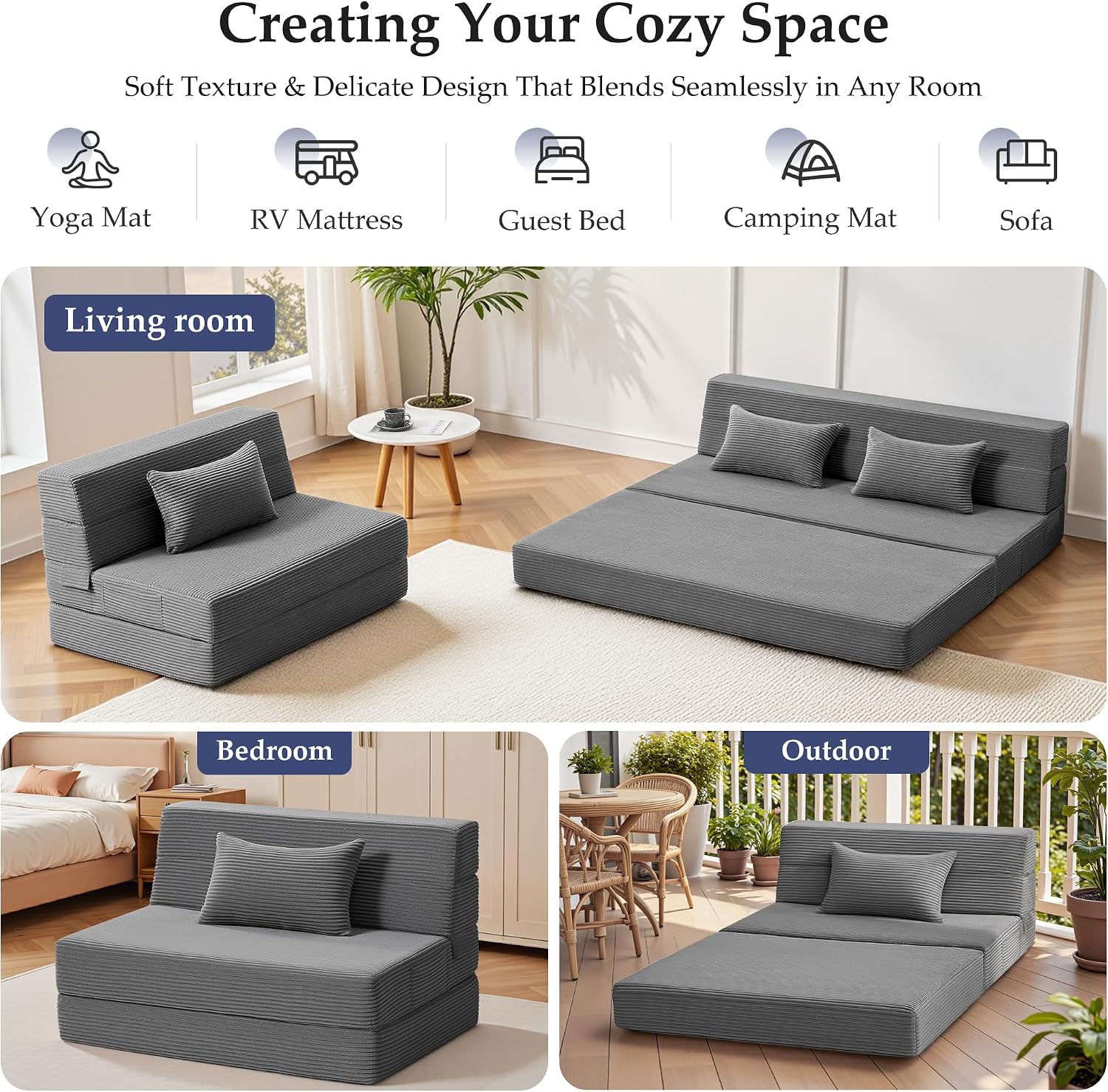 Youzi Folding Sofa Bed Convertible Sleeper Chair with Pillow, 4-in-1 Foldable Mattress Futon Couch Bed to Lounge Chair for Living Room, Bedroom, Dorm & Guest, Washable Cover, Dark Gray, Single