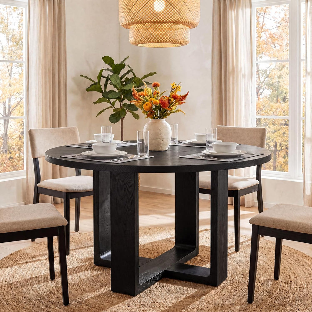 47.24" Black Round Dining Table for 4–6 People, Solid Wood Kitchen Table...