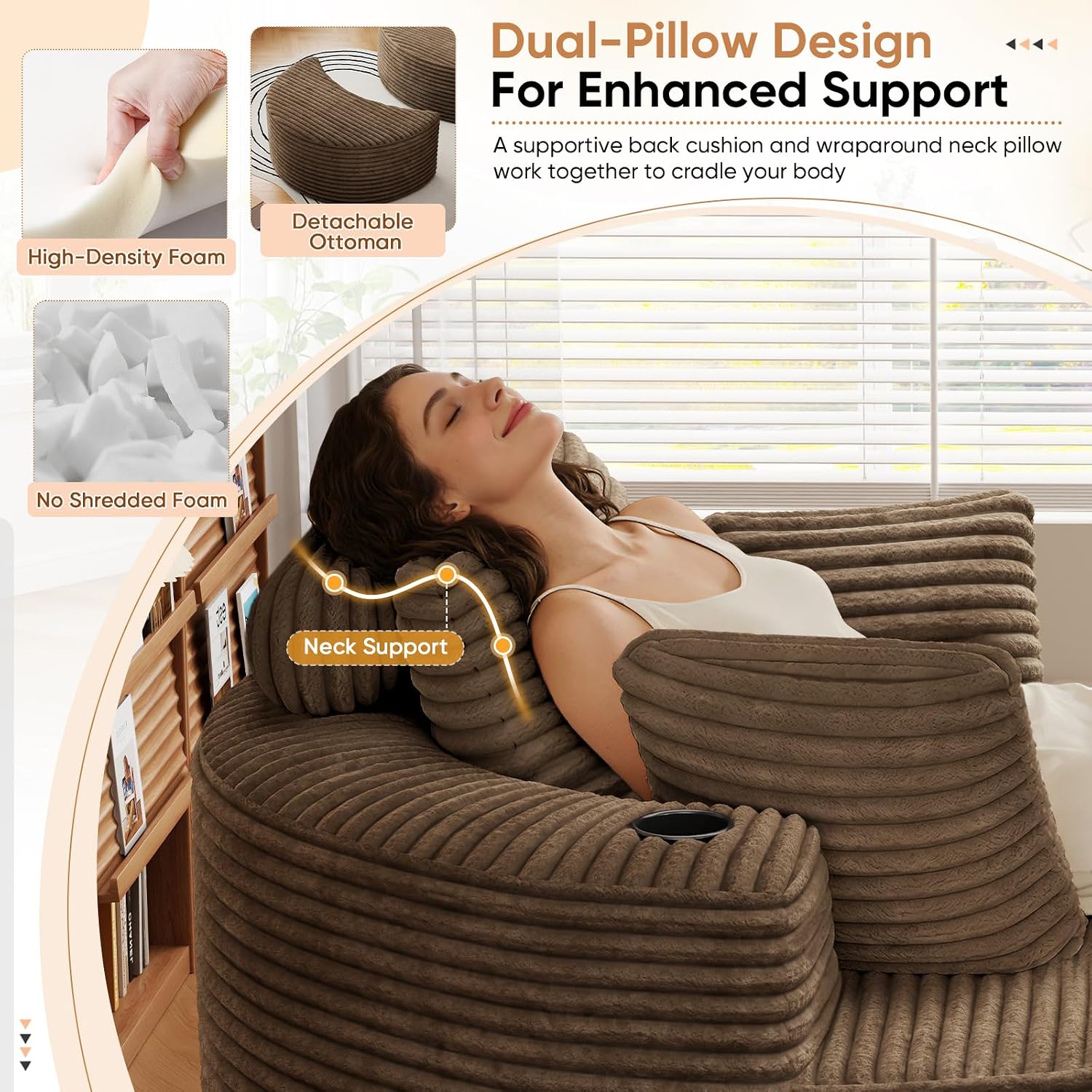 Oversized Round Chaise Longue Chair with Ottoman, Modern Corduroy Deep Seat Circle Single Cloud Boneless Floor Accent Chair w/Cup Holders for Living Room, Bedroom Apartment, 55" W * 74.6" D, Brown