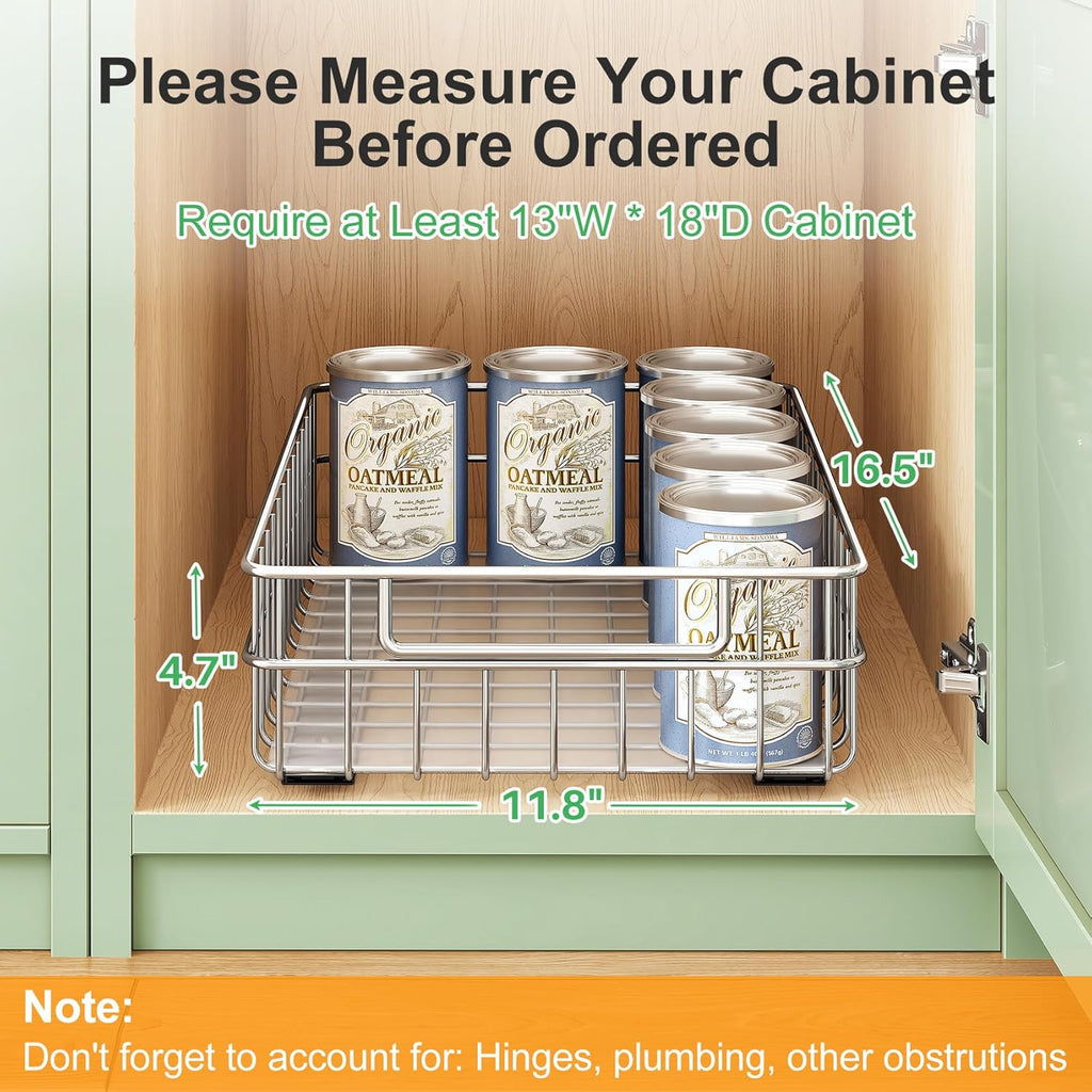 Pull out Cabinet Organizer, Stainless Steel 2-Pack Slide out Drawer with Silent Full-Extension Slides, Adhesive Roll out Can Spice Storage Basket Shelf Rack for Pantry, Kitchen, Bathroom, Home Closet