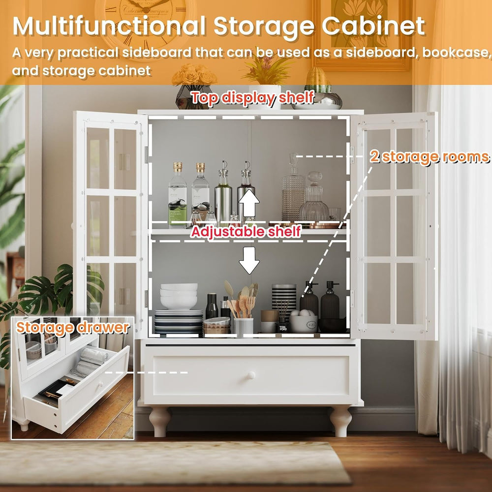 KEIKI Sideboard Buffet Cabinet with Glass Doors and Drawer, Wooden Storage Ca...