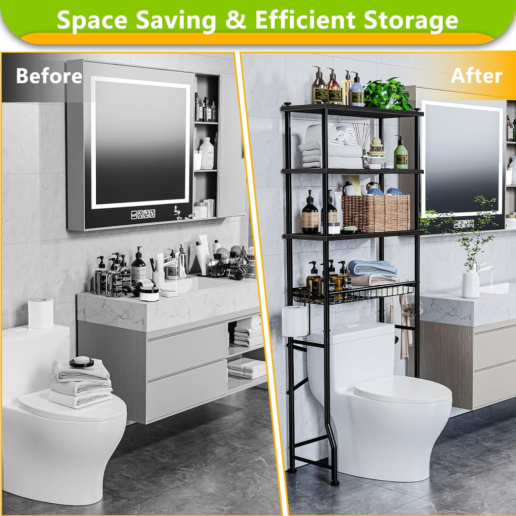 Over-The-Toilet Storage Rack, 4-Tier Bathroom Organizer Shelf Over Toilet with Adjustable Shelf and Basket, Freestanding Space Saver Bathroom Shelves Above Toilet for Room (Black)