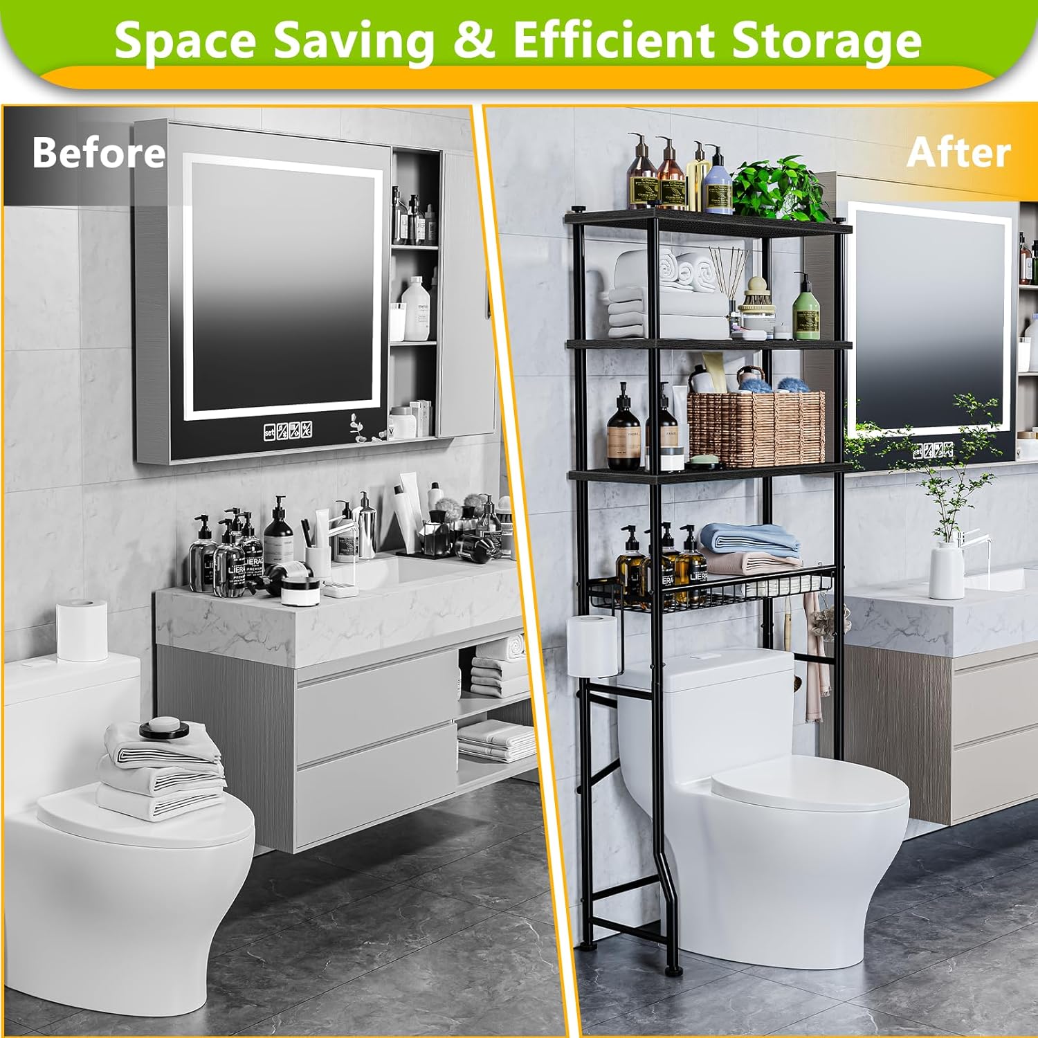 Over-The-Toilet Storage Rack, 4-Tier Bathroom Organizer Shelf Over Toilet with Adjustable Shelf and Basket, Freestanding Space Saver Bathroom Shelves Above Toilet for Room (Black)