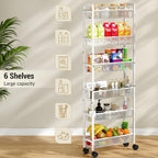 6 Tier Slim Storage Cart, Narrow Cart with Wheels, Metal Mobile Shelving Unit Organizer for Bathroom, Kitchen, Laundry Room, Living Room & Narrow Spaces, White, 6in(W)