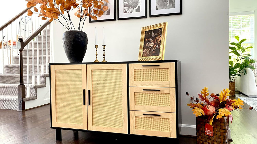 PHI VILLA Black Rattan Cabinet with Doors, Buffet Sideboard Cabinet with Draw...