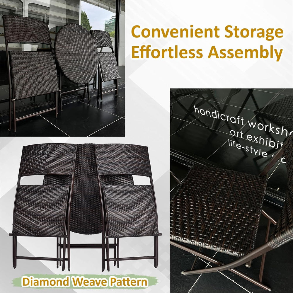 3 Pieces Folding Bistro Set PE Wicker Rattan Outdoor Patio Furniture Sets wit...
