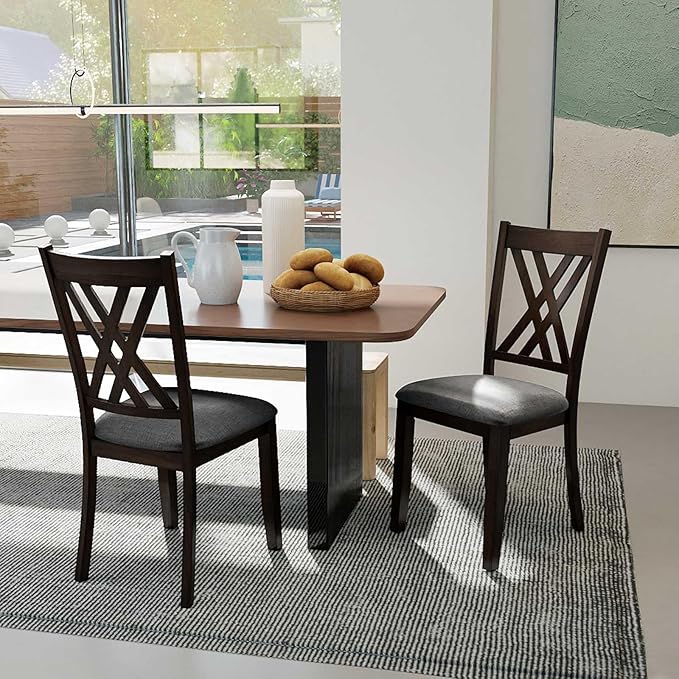 Giantex Wooden Dining Chairs Set of 4, Linen Fabric Upholstered Kitchen Chair w/Rubber Wood Frame, Wide Padded Seat, Curved Cross Back, Farmhouse Side Chairs for Living Room Restaurant, Dark Gray