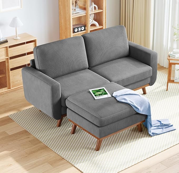 Vesgantti 68" Loveseat Sofa with Movable Ottoman, Comfy Corduroy Couch with Spring Cushion, Sofa Couch with Solid Wood, Modern Office Sofa with Deep Seat for Living Room and Bedroom, Dark Gray