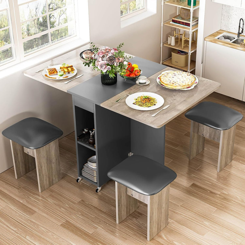 furlinkhm Folding Dining Table Set for 4, Dinner Table with 4 Leather Chairs ...
