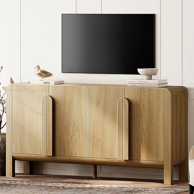 WAMPAT Modern TV Stand for TVs Up to 75 inches,63" W Farmhouse Entertainment Center with Adjustable Shelf and 4 Doors,Media Console Table TV Cabinet for Living Room,Light Walnut