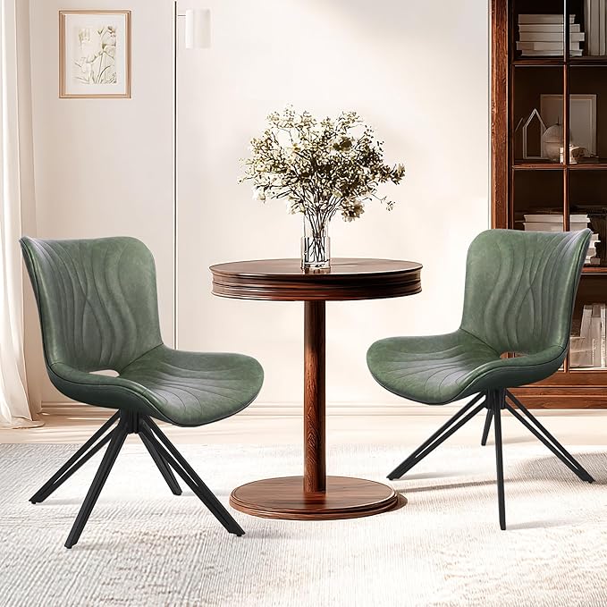 Dining Chairs Set of 2, 360° Swivel Armless Faux Leather Accent Chairs with Padded Back and Metal Legs, Mid-Century Modern Kitchen, Dining Room, Living Room, Bedroom Green