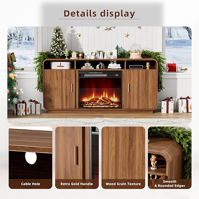 Fireplace TV Stand for TVs Up to 65”, Entertainment Center with 23” Electric Fireplace, Storage Side Cabinets and Adjustable Shelves, Mid Century Modern Media Console Table for Living Room (Walnut)